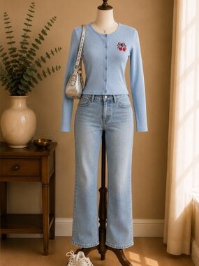 Y2K Tilley Endurables Made in Canada Blue Cherry Embroidered Rib Knit Cardigan M